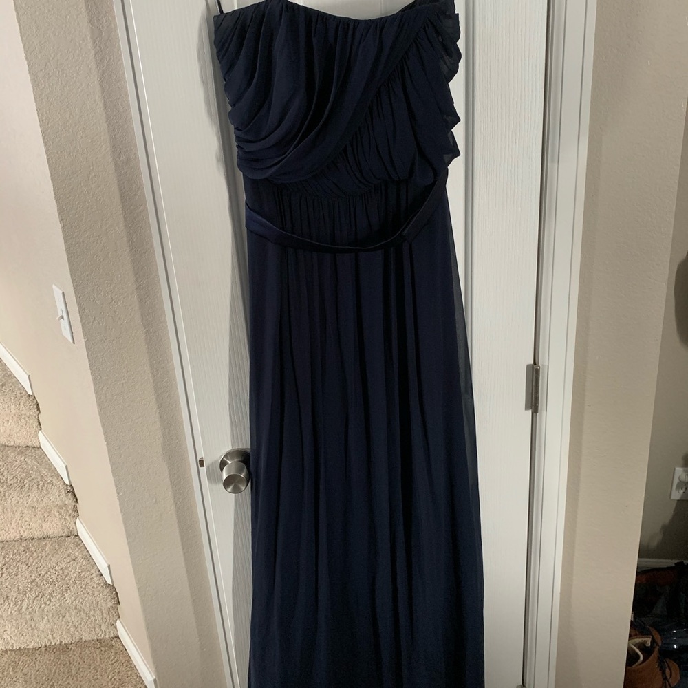 Strapless navy dress- with satin belt